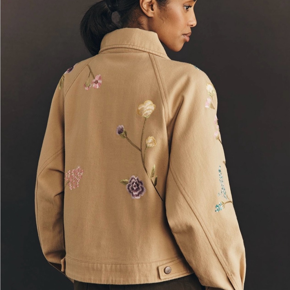 Anthropologie Beige Jean Jacket with Floral Details - Picture 4 of 12